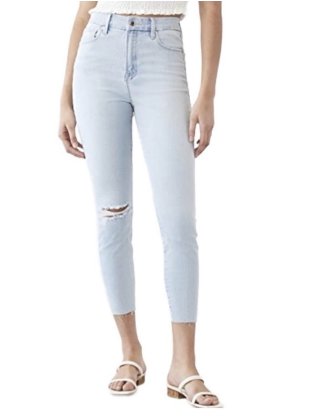 Good American Good Waist Crop High Rise Skinny Jeans Light Wash Distressed 0/25